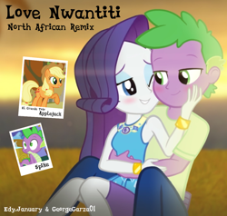 Size: 1000x952 | Tagged: safe, artist:edy_january, artist:georgegarza01, applejack, rarity, spike, dragon, earth pony, human, love nwantiti, equestria girls, g4, my little pony equestria girls: better together, album, album cover, ckay, el grande toto, female, geode of shielding, hug, human spike, link, love, magical geodes, male, mexican, music, north african, older, older spike, rarity peplum dress, romance, romantic, ship:sparity, shipping, song, straight, sunset, youtube, youtube link