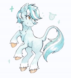 Size: 3352x3672 | Tagged: safe, artist:lightisanasshole, lyra heartstrings, pony, unicorn, g4, chest fluff, colored hooves, curved horn, doodle, female, high res, horn, leonine tail, looking back, raised hoof, raised tail, simple background, solo, stars, tail, traditional art, unshorn fetlocks, watercolor painting, white background