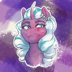 Size: 3536x3536 | Tagged: safe, artist:lightisanasshole, opaline arcana, alicorn, pony, g5, spoiler:g5, spoiler:my little pony: make your mark, abstract background, braid, bust, disapproval, eyebrows, grimace, high res, looking at you, looking down, looking down at you, profile picture, traditional art, watercolor painting