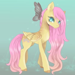 Size: 2048x2048 | Tagged: safe, artist:brot-art, fluttershy, butterfly, pegasus, pony, g4, coat markings, colored hooves, concave belly, dappled, female, folded wings, high res, looking at you, mare, slender, solo, standing, sternocleidomastoid, stray strand, thin, three quarter view, walking, wings