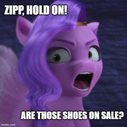 Size: 500x500 | Tagged: safe, edit, edited screencap, screencap, pipp petals, pegasus, pony, g5, my little pony: make your mark, my little pony: make your mark chapter 2, portrait of a princess, 3d, angry, caption, cropped, female, harry potter (series), image macro, implied zipp storm, mare, meme, movie reference, open mouth, ponified meme, solo, text