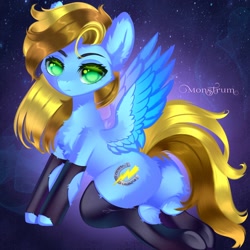 Size: 3000x3000 | Tagged: safe, artist:monstrum, oc, oc only, oc:lucky bolt, pegasus, pony, butt, butt fluff, chest fluff, clothes, cute, ear fluff, fluffy, high res, looking at you, plot, raffle prize, raffle winner, socks, solo, spread wings, wings