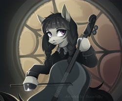 Size: 3543x2953 | Tagged: safe, artist:buvanybu, octavia melody, earth pony, pony, g4, bow (instrument), braid, cello, clothes, cosplay, costume, crossover, dress, high res, musical instrument, ponified, solo, the addams family, wednesday (series), wednesday addams