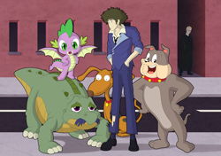 Size: 3780x2657 | Tagged: safe, artist:culu-bluebeaver, spike, dinosaur, dog, dragon, human, reptile, stegosaurus, undead, vampire, g4, anime, bounty hunter, buffy the vampire slayer, bulldog, comparison, cowboy bebop, digital, digital art, don bluth, group, high res, namesake, pun, rugrats, spike (buffyverse), spike (rugrats), spike (the land before time), spike bulldog, spike spiegel, street, the land before time, tom and jerry, vector, visual pun, winged spike, wings