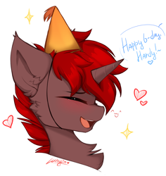Size: 3500x3700 | Tagged: safe, artist:lunylin, oc, oc only, oc:hardy, alicorn, pony, birthday, birthday gift, blushing, bust, chest fluff, ear fluff, eyes closed, hat, high res, male, party hat, smiling, solo, stallion
