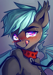 Size: 935x1323 | Tagged: safe, artist:chaosangeldesu, oc, oc only, bat pony, pony, bat pony oc, bat wings, blushing, bust, collar, cute, male, portrait, smiling, solo, stallion, tongue out, wings