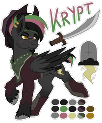 Size: 2000x2400 | Tagged: safe, artist:chvrchgrim, oc, oc only, oc:krypt, pegasus, pony, alternate universe, clothes, colored wings, hat, high res, monster hunter, multicolored hair, neckerchief, reference sheet, scimitar, shoes, short tail, simple background, solo, sword, tail, transparent background, two toned wings, unshorn fetlocks, weapon, wings