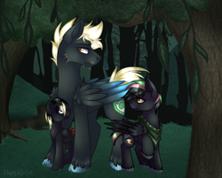 Size: 2761x2217 | Tagged: safe, artist:chvrchgrim, oc, oc:cardinal blitz, oc:krypt, oc:sooty snow, pegasus, pony, blonde, colored wings, colt, dark background, detailed background, facial hair, family, father and child, father and son, foal, forest background, high res, male, multicolored hair, multicolored wings, two toned wings, unshorn fetlocks, wings, young