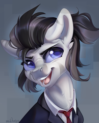 Size: 2200x2717 | Tagged: safe, artist:mithriss, oc, oc only, pony, zebra, clothes, commission, costume, female, high res, mare, neck fluff, necktie, open mouth, open smile, simple background, smiling, solo, sternocleidomastoid, suit, teeth, tuxedo