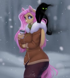 Size: 895x1000 | Tagged: safe, artist:evehly, fluttershy, cat, pegasus, anthro, g4, black cat, breasts, busty fluttershy, catified, clothes, coffee, curvy, duo, ear cleavage, female, hourglass figure, implied king sombra, jacket, nail polish, nails, species swap, sweater, sweatershy, walking, wide hips, wings, winter jacket