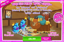 Size: 1960x1295 | Tagged: safe, gameloft, prince rutherford, yak, g4, my little pony: magic princess, advertisement, cloven hooves, costs real money, crystal, ear piercing, earring, english, fire, hair over eyes, horns, introduction card, jewelry, male, numbers, piercing, sale, solo, statue, text, torch