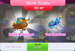Size: 1259x860 | Tagged: safe, gameloft, prince rutherford, yak, g4, my little pony: magic princess, bundle, cloven hooves, costs real money, crystal, ear piercing, earring, english, fire, hair over eyes, horns, jewelry, male, numbers, piercing, sale, solo, statue, text, torch