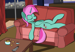 Size: 2000x1400 | Tagged: safe, alternate version, artist:amateur-draw, oc, oc only, oc:belle boue, pony, unicorn, apartment, city, cityscape, couch, curtains, eyes closed, interior, lying down, microwave, night, relaxing, remote, snacks, solo