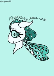 Size: 1536x2173 | Tagged: safe, artist:enperry88, oc, oc only, oc:flensence, changedling, changeling, blue background, changeling oc, cyan background, cyan eyes, female, horn, kelpie eyes, little horn, looking at you, redesign, simple background, sparkles, wings