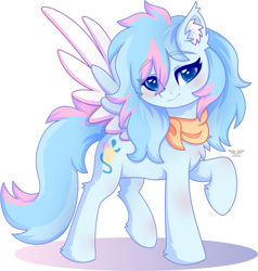 Size: 2945x3092 | Tagged: safe, artist:stesha, oc, oc only, oc:dove lilac, pegasus, pony, blue eyes, chest fluff, colored wings, cute, ear fluff, eye clipping through hair, eyebrows, eyebrows visible through hair, female, full body, heart, heart eyes, high res, looking at you, mare, multicolored mane, multicolored tail, neckerchief, pegasus oc, raised hoof, simple background, smiling, smiling at you, solo, spread wings, tail, two toned wings, white background, wingding eyes, wings