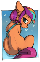 Size: 698x1085 | Tagged: safe, artist:marsminer, sunny starscout, earth pony, pony, g5, adorasexy, blushing, braid, braided ponytail, cute, female, floppy ears, heart, heart eyes, hip, looking at you, looking back, looking back at you, mane stripe sunny, mare, ponytail, sexy, sitting, smiling, solo, sunnybetes, wingding eyes