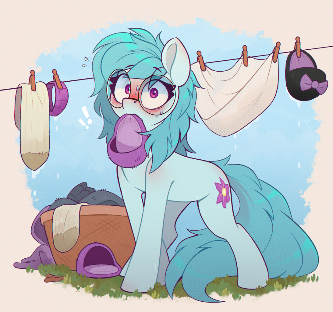 #3004341 - safe, artist:rexyseven, oc, oc only, oc:whispy slippers, earth  pony, pony, blushing, blushing profusely, clothes, clothes line,  clothespin, embarrassed, embarrassed nude exposure, female, glasses, mare,  nudity, open mouth, slippers, socks, solo