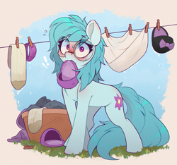 Size: 1509x1414 | Tagged: safe, artist:rexyseven, oc, oc only, oc:whispy slippers, earth pony, pony, blushing, blushing profusely, clothes, clothes line, clothespin, embarrassed, embarrassed nude exposure, female, glasses, mare, nudity, open mouth, slippers, socks, solo, we don't normally wear clothes, wet clothes