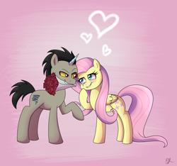 Size: 3200x3000 | Tagged: safe, artist:nyctophelia, discord, fluttershy, pegasus, pony, unicorn, g4, blushing, bouquet, duo, female, flower, heart, high res, male, mare, mouth hold, pink background, ponified, pony discord, rose, ship:discoshy, shipping, simple background, stallion, straight, transformation