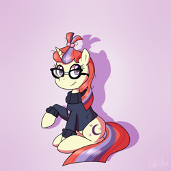 Size: 3000x3000 | Tagged: safe, artist:nyctophelia, moondancer, pony, unicorn, g4, clothes, cute, dancerbetes, drop shadow, female, glasses, gradient background, high res, looking at you, mare, raised hoof, shadow, sitting, smiling, solo, sweater, taped glasses, three quarter view