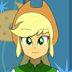 Size: 3840x3840 | Tagged: safe, artist:altynp, part of a set, applejack, human, equestria girls, g4, bust, cute, eyebrows, eyebrows visible through hair, female, high res, honesty, looking at you, photo, portrait, smiling, smiling at you, solo