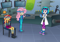 Size: 1280x906 | Tagged: safe, artist:lavenderrain24, dj pon-3, fluttershy, sunset shimmer, vinyl scratch, human, equestria girls, g4, bondage, catsuit, clothes, female, goggles, happy trance, headband, hypnogear, ipad, lab coat, laboratory, mind control, monitor, restrained, swirly eyes, tech control, tied up, trio