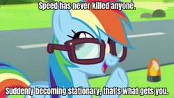 Size: 1280x720 | Tagged: safe, edit, edited screencap, screencap, rainbow dash, pegasus, pony, g4, newbie dash, behaving like twilight sparkle, caption, egghead, egghead dash, glasses, image macro, jeremy clarkson, reading rainboom, road, solo, tape, text