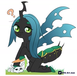 Size: 1857x1827 | Tagged: safe, artist:fd, angel bunny, queen chrysalis, changeling, changeling queen, pony, g4, carrot, food, kneeling, question mark, simple background, solo, white background