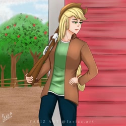 Size: 1024x1024 | Tagged: safe, artist:lencai123, applejack, human, g4, female, gun, humanized, rifle, solo, weapon