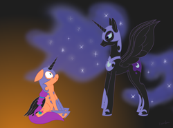 Size: 3888x2894 | Tagged: safe, artist:fizzban08, nightmare moon, sunny starscout, alicorn, earth pony, pony, g4, g5, concave belly, cosplay, costume, duo, duo female, ethereal mane, ethereal tail, female, g5 to g4, generation leap, height difference, high res, hoof shoes, imminent fangirling, jewelry, long mane, long tail, nightmare moon armor, nightmare night costume, nightmare sunny, peytral, physique difference, princess shoes, regalia, sitting, slender, standing, starry mane, starry tail, tail, tall, thin