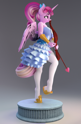 Size: 2500x3800 | Tagged: safe, alternate angle, alternate version, artist:chyvak, princess cadance, alicorn, anthro, g4, 3d, big breasts, blender, blender cycles, bow (weapon), breasts, busty princess cadance, clothes, dress, female, garter belt, garter straps, high res, smiling, solo, stockings, thigh highs