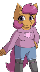 Size: 1749x3102 | Tagged: safe, artist:missmccloud, scootaloo, pegasus, anthro, g4, clothes, female, hand on hip, looking at you, simple background, smiling, solo, transparent background
