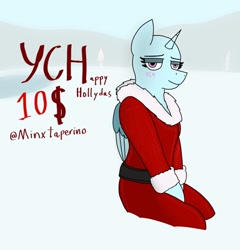 Size: 1038x1080 | Tagged: safe, artist:minxtaperino, pegasus, pony, unicorn, advertisement, christmas, commission, holiday, snow, solo, ych example, your character here