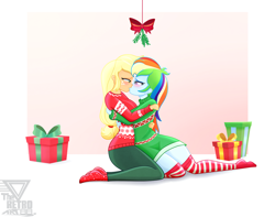 Size: 2900x2289 | Tagged: safe, artist:theretroart88, applejack, rainbow dash, human, equestria girls, g4, christmas, clothes, duo, female, high res, holiday, kiss on the lips, kissing, lesbian, mistletoe, present, ship:appledash, shipping, simple background, socks, stocking feet, stockings, striped socks, thigh highs, thigh socks, white background