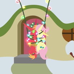 Size: 2160x2160 | Tagged: safe, anonymous artist, big macintosh, fluttershy, earth pony, pegasus, pony, series:fm holidays, series:hearth's warming advent calendar 2022, g4, advent calendar, christmas, christmas lights, duo, female, fluttershy's cottage, frown, high res, holiday, lineless, male, mare, pointy ponies, ship:fluttermac, shipping, snow, stallion, straight, suspended, tangled up, tied up, upside down