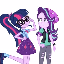 Size: 2289x2289 | Tagged: safe, sci-twi, starlight glimmer, twilight sparkle, human, equestria girls, equestria girls specials, g4, my little pony equestria girls: better together, my little pony equestria girls: mirror magic, duo, duo female, female, high res, simple background, starlight glimmer is not amused, unamused, white background