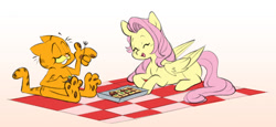 Size: 1280x591 | Tagged: safe, artist:chub-wub, fluttershy, cat, pegasus, pony, g4, crossover, cute, duo, eating, eyes closed, female, food, fork, garfield, garfield (character), grin, lasagna, lying down, male, mare, missing cutie mark, open mouth, pasta, picnic, picnic blanket, prone, shyabetes, simple background, smiling, white background