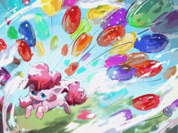 Size: 2160x1620 | Tagged: safe, artist:lendftcn, pinkie pie, pegasus, pony, g4, balloon, female, film grain, floating, high angle, mare, solo, then watch her balloons lift her up to the sky