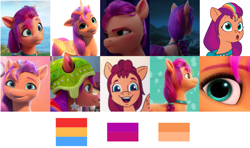 Size: 1213x720 | Tagged: safe, edit, edited screencap, screencap, sunny starscout, alicorn, earth pony, pony, g5, my little pony: a new generation, my little pony: make your mark, my little pony: make your mark chapter 3, my little pony: tell your tale, winter wishday, spoiler:g5, spoiler:winter wishday, 2d, 3d, female, mane stripe sunny, mare, race swap, reference sheet, sunnycorn