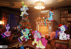 Size: 1073x740 | Tagged: safe, artist:caliazian, artist:glitchking123, artist:ironm17, artist:kehrminator, artist:slb94, bon bon, derpy hooves, lyra heartstrings, pinkie pie, rainbow dash, rarity, spirit of hearth's warming presents, sweetie belle, sweetie drops, twilight sparkle, alicorn, pony, a hearth's warming tail, g4, antlers, book, bookshelf, candle, christmas, christmas stocking, christmas tree, cute, fireplace, hat, holiday, irl, model train, photo, present, red nose, santa hat, train, tree, twilight sparkle (alicorn), window