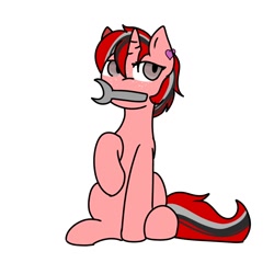 Size: 1280x1280 | Tagged: safe, artist:foxx_grey_art, oc, pony, unicorn, ear piercing, earring, female, jewelry, piercing, red mane, simple background, sitting, solo, white background, wrench