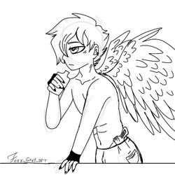 Size: 1200x1200 | Tagged: safe, artist:foxx_grey_art, oc, oc:colin grey, human, pegasus, clothes, gloves, gun, humanized, monochrome, muscles, pants, partial nudity, pegasus oc, topless, weapon, winged humanization, wings