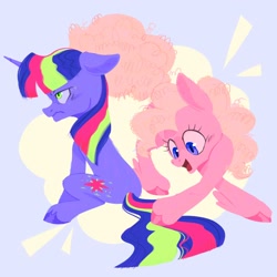 Size: 2048x2048 | Tagged: safe, artist:pastacrylic, pinkie pie, twilight sparkle, earth pony, pony, unicorn, g4, alternate color palette, annoyed, curly hair, ears back, female, floppy ears, freckles, high res, sitting, stubble, unicorn twilight