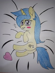 Size: 3120x4160 | Tagged: safe, artist:farhan1250, octavia melody, oc, oc:starlightmelody, pony, unicorn, g4, bed, blushing, butt, female, heart, horn, looking at you, looking back, plot, simple background, solo, traditional art