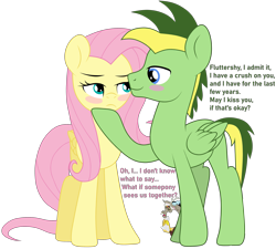 Size: 4587x4137 | Tagged: safe, artist:didgereethebrony, artist:lisa-germany188yt, discord, fluttershy, oc, oc:didgeree, draconequus, pegasus, pony, g4, absurd resolution, base used, blush sticker, blushing, canon x oc, confession, eye contact, eyebrows, female, folded wings, frown, looking at each other, looking at someone, male, mare, open mouth, pegasus oc, shipping, simple background, smiling, stallion, this will end in tears, trace, transparent background, trio, wings