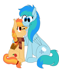 Size: 2225x2708 | Tagged: safe, oc, oc only, oc:autumn glory, oc:stormy waters, bat pony, pegasus, pony, 2023 community collab, derpibooru community collaboration, bat pony oc, chubby, clothes, duo, high res, looking at each other, looking at someone, pegasus oc, scarf, simple background, striped scarf, transparent background