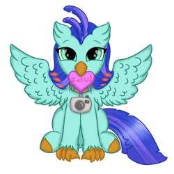 Size: 1280x1280 | Tagged: safe, artist:foxx_grey_art, oc, hippogriff, camera, collar, heart, simple background, sitting, solo, spread wings, white background, wings