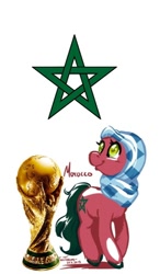 Size: 420x720 | Tagged: safe, artist:taritoons, edit, oc, oc only, earth pony, pony, female, football, hijab, mare, morocco, nation ponies, ponified, rule 85, simple background, solo, white background, world cup