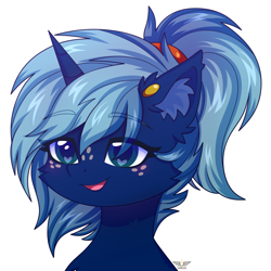 Size: 1500x1500 | Tagged: safe, artist:stesha, oc, oc only, oc:novus flux, pony, unicorn, bust, commission, cute, ear fluff, ear piercing, earring, eye clipping through hair, eyebrows, eyebrows visible through hair, female, freckles, heart, heart eyes, horn, jewelry, looking away, mare, open mouth, open smile, piercing, ponytail, portrait, simple background, smiling, solo, two toned mane, unicorn oc, white background, wingding eyes