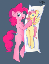 Size: 1770x2282 | Tagged: safe, artist:dariosparks, fluttershy, pinkie pie, earth pony, pegasus, pony, g4, body pillow, female, lesbian, looking at you, open mouth, open smile, ship:flutterpie, shipping, smiling